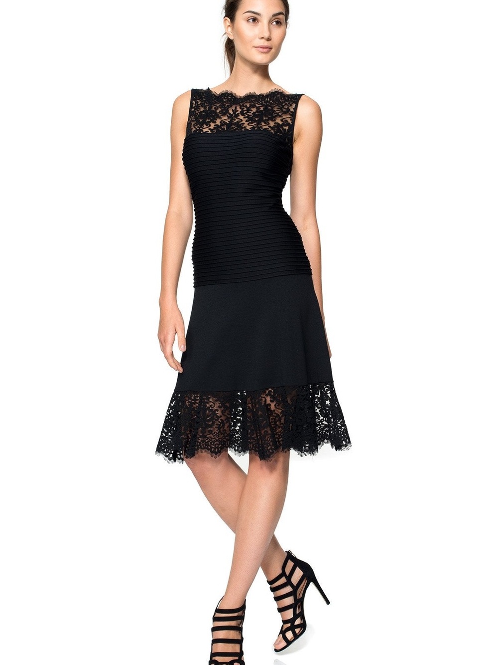 NWT Tadashi Shoji Pintuck Jersey and Lace A-Line $348 Dress PL